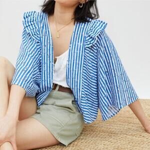 Anthropologie Cardigan Nautical Stripe Ruffle Floral Eyelet Lace Blue Size OS